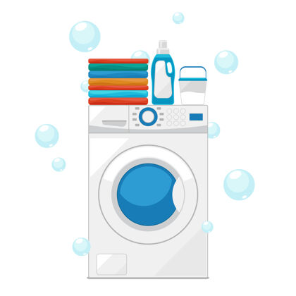 技术带泡泡的洗衣机插画洗衣房形状清洁