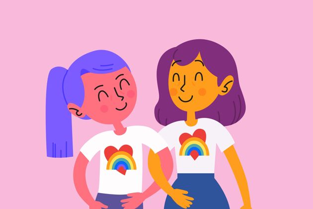 公寓t恤上印有lgbt旗帜的女同性恋夫妇家庭人爱