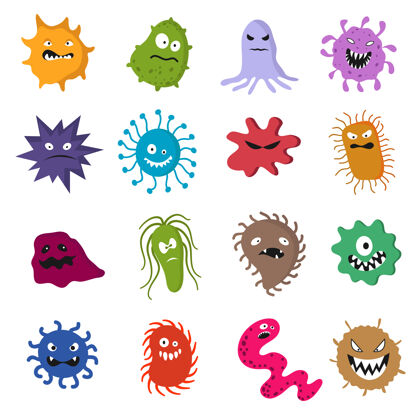 颜色有趣的卡通可爱的病毒和细菌集隔离在白色生物人物摘要