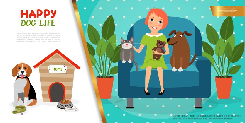 女人平底快乐宠物生活概念与可爱的女孩小狗和小猫坐在扶手椅狗附近的狗窝碗与食物骨皮带公寓设置动物