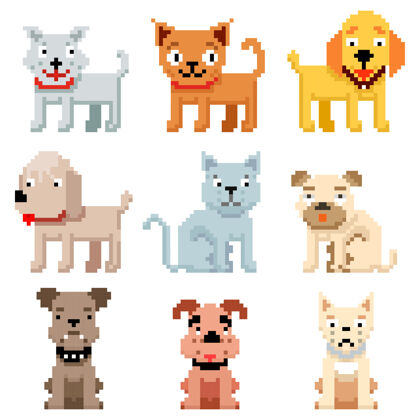 猫像素艺术宠物图标8位狗和猫宠物猫和狗在像素艺术 插图繁殖宠物狗背景颜色