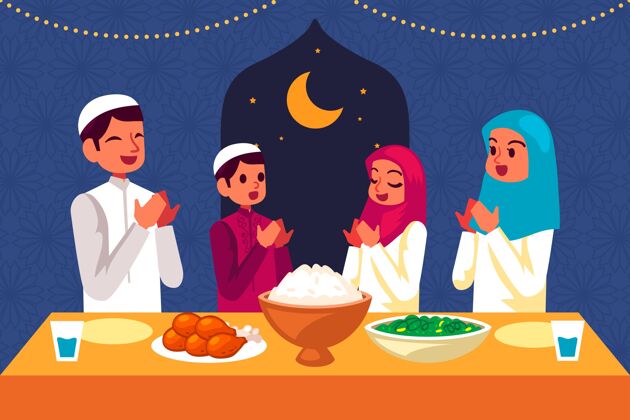 晚餐手绘开斋节插图与人开斋食物伊斯兰