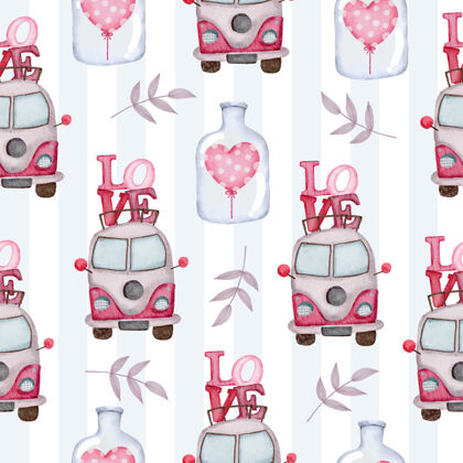 形状水彩无缝图案搭配爱的面包车和瓶心 孤立的水彩情人节概念元素可爱浪漫的红粉心作装饰 插画面包车背景无缝