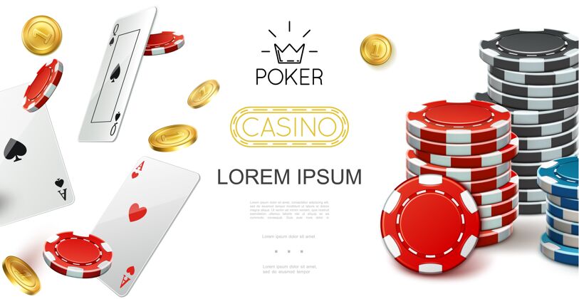赌场逼真的赌场彩色组成与飞行扑克牌扑克筹码和金币插图筹码扑克五颜六色