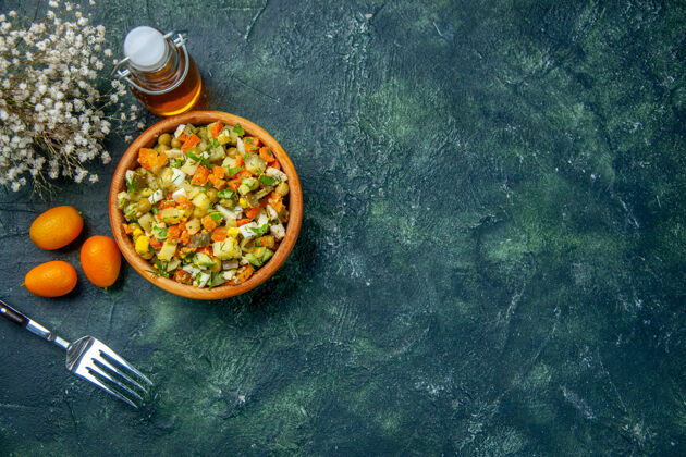 菜肴俯瞰美味蔬菜沙拉 午餐食品沙拉餐视图复制空间平铺