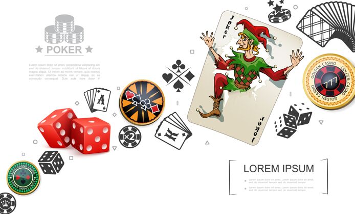 扑克现实的赌博和扑克元素概念与小丑扑克牌丰富多彩的赌场筹码元素卡片小丑