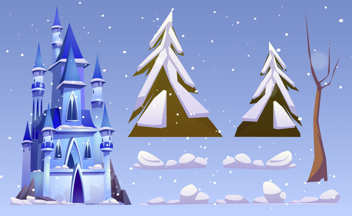 设置魔幻城堡与冬季景观元素隔离冬天圣诞节风景