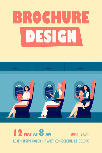 登机快乐的飞机乘客坐在他们的座位上 使用小玩意 抱着孩子在大腿上 喝甘蔗传单模板无线传单模板