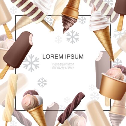 蛋卷逼真的冰淇淋彩色模板与冰棒圣代巧克力香草焦糖冰淇淋棒和勺子在华夫饼锥巧克力棒冰