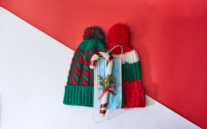 冬季帽子带圣诞装饰和面罩的冬季帽子圣诞节冠状病毒糖果手杖