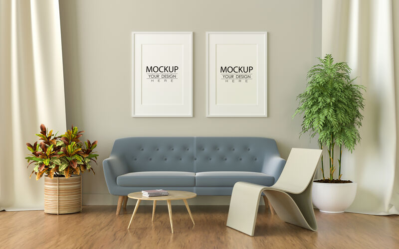 现代室内客厅模型中的海报框架植物海报模型