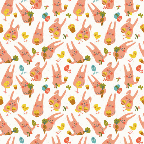 欢乐可爱的快乐复活节兔子与鸡 花 蛋和胡萝卜无缝模式涂鸦乐趣篮子小鸡