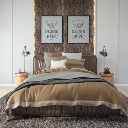 灰色海报框架模型室内卧室框架床公寓