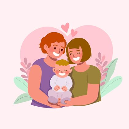 家庭平面设计女同性恋夫妇带孩子插图同性恋夫妻