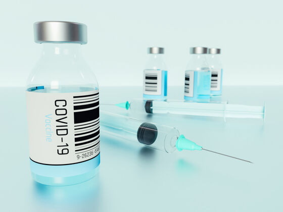 冠状病毒带有注射器的covid-19疫苗瓶的3d插图生物学大流行治疗