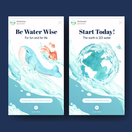 能源Instagram模板与世界水日概念设计社交媒体水彩插画健活海洋