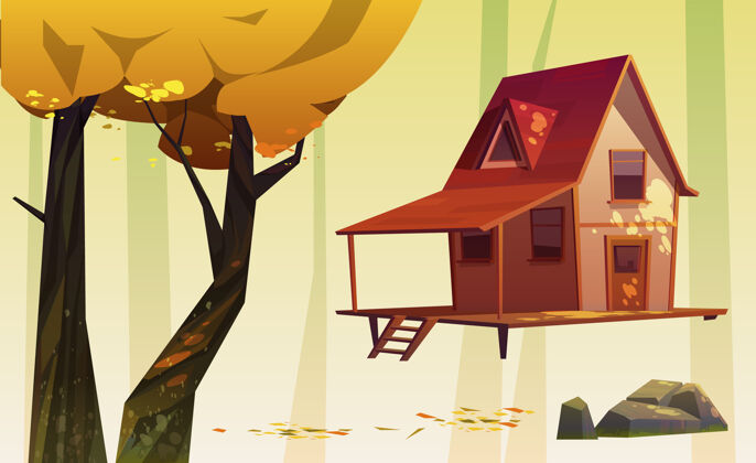 小屋木屋和黄叶树木 石头和落叶房子户外门