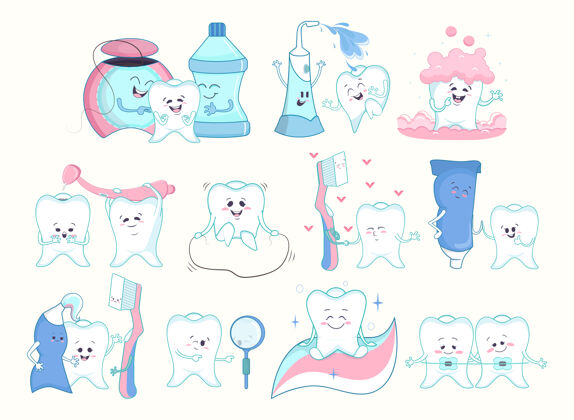 意识牙齿护理收藏牙齿 牙膏 牙线 牙科工具卡通人物的脸和情感隔离在白色健康蛀牙卡通