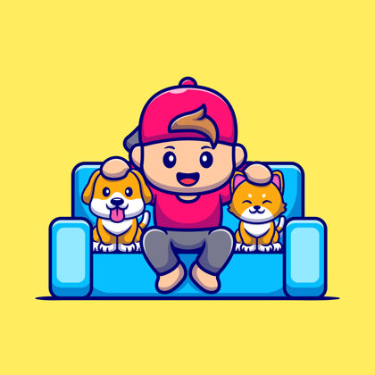 朋友可爱的男孩与狗和猫卡通图标插图猫欢呼沙发