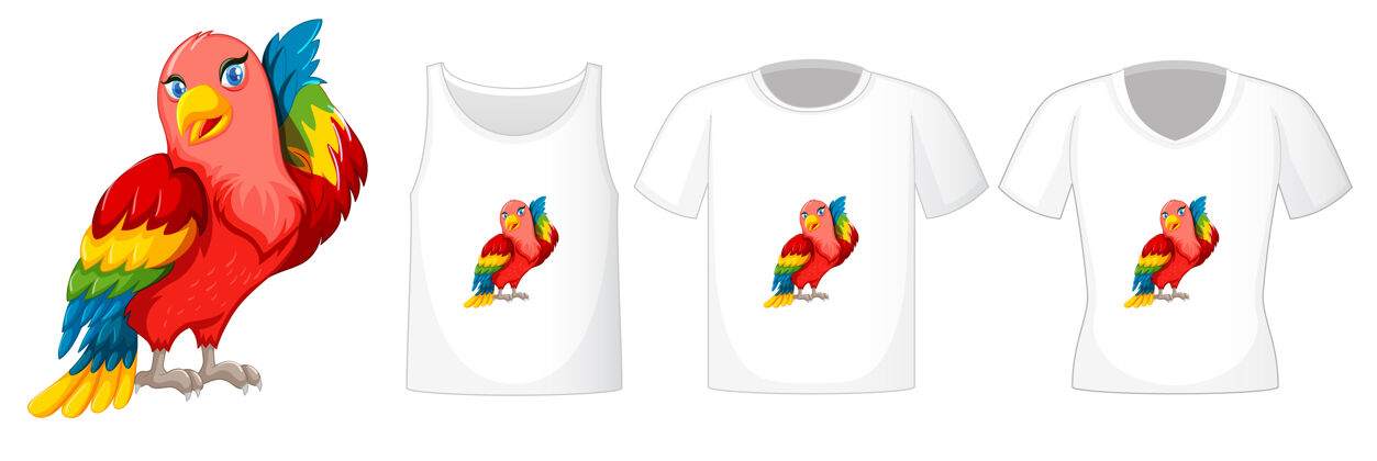 颜色一套不同的衬衫与鹦鹉鸟卡通人物隔离在白色背景上年轻喙鸟