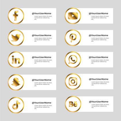 黄金为社交媒体设置了一组金色图标的横幅设计横幅笔划