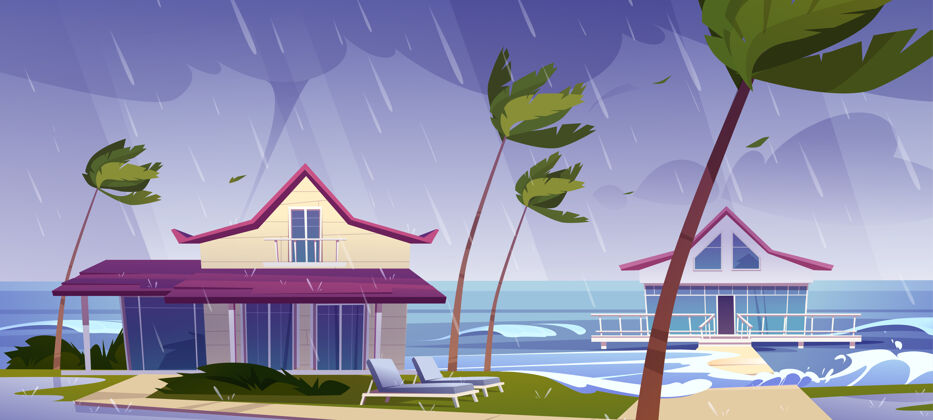 夏天热带海滩上有暴风雨和龙卷风 还有平房和棕榈树云自然小屋
