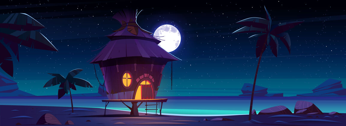 全景热带岛屿上夜晚的平房卡通木头月亮