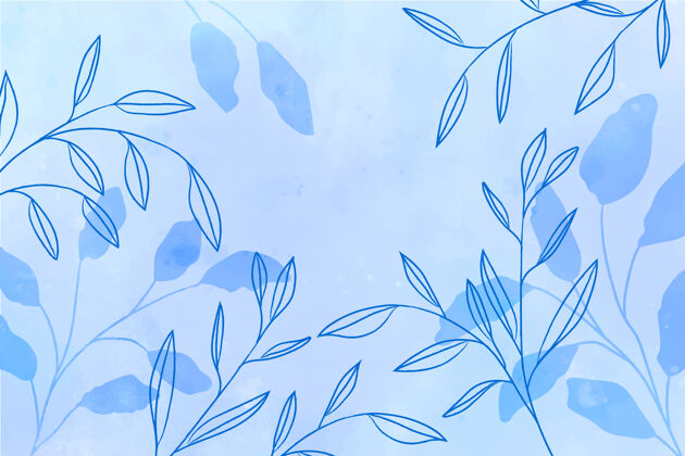 自然水彩画蓝色的背景和蓝色的叶子树叶蓝色背景