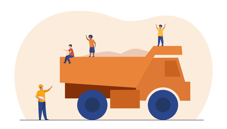 卡车孩子们在建筑卡车上玩自卸汽车 危险 粗心的孩子卡通插图交通男孩人物