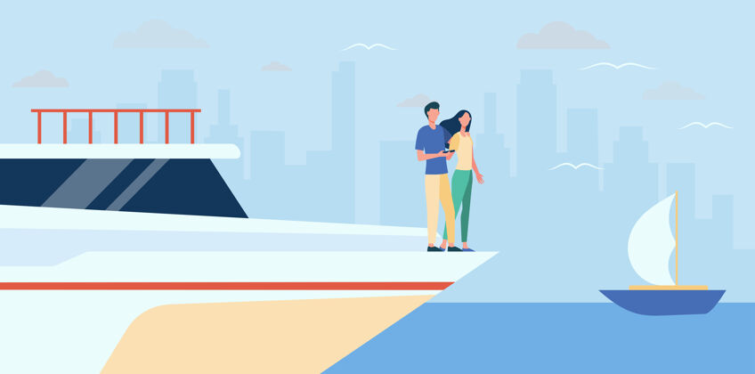 水幸福夫妻站在游艇边大海 城市景观 财富平面插图卡通插图游艇人物船