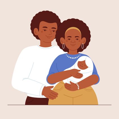 夫妇带宝宝的平面手绘黑色家庭插画黑人男子平面黑人