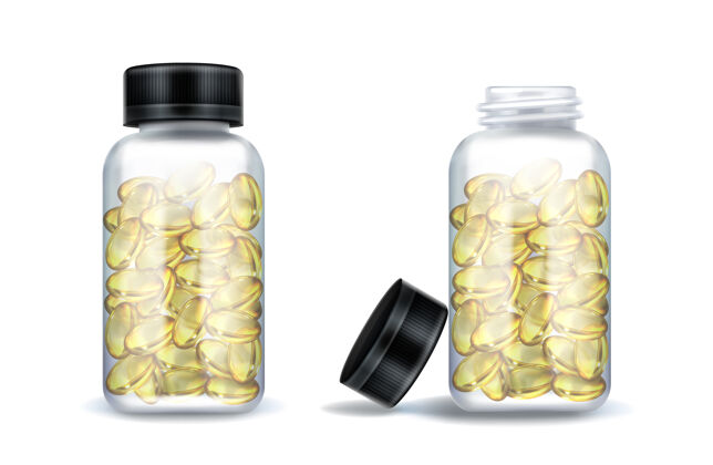 塑料药瓶用透明的黄色胶囊隔离在白色胶囊空白片剂