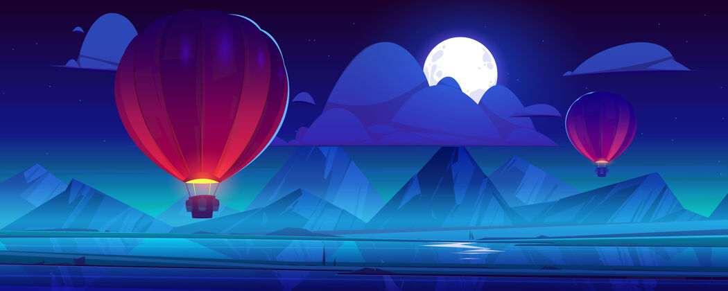 自然气球在夜空中飞舞 满月云朵在山上车辆山丘发光