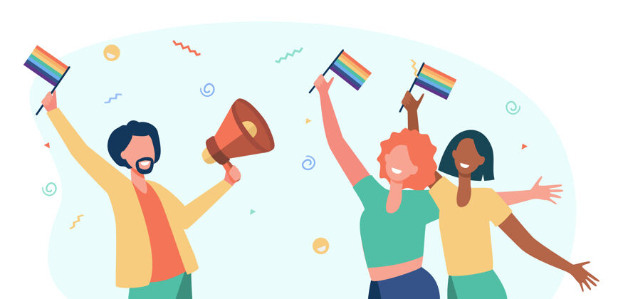 平面同性恋庆祝骄傲快乐的男人和女人举着彩虹旗和扬声器卡通插图发言人活动年轻人