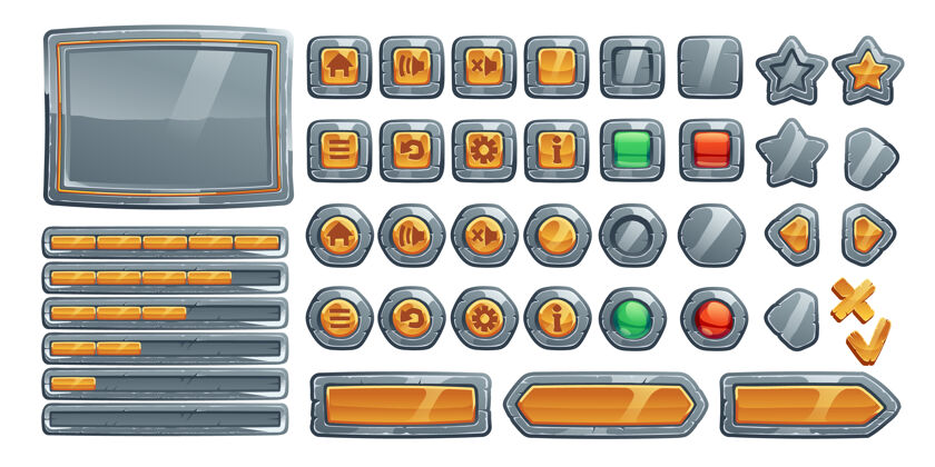 滑块游戏按钮 卡通界面的石头 金属和黄金纹理设置图形用户界面金属