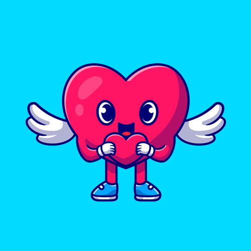 可爱可爱的心形天使手持爱情卡通图标插画翅膀心情侣