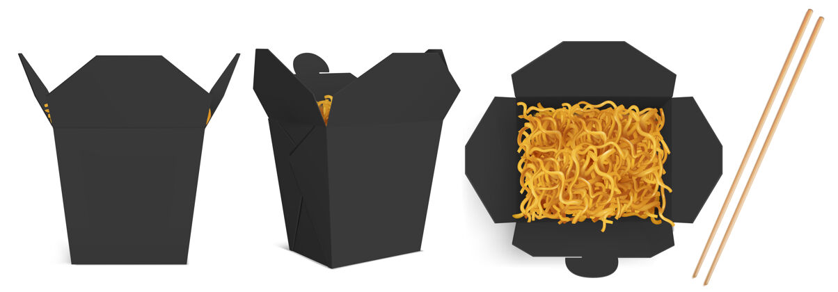 包炒锅盒与面条和棍子模型午餐包纸箱