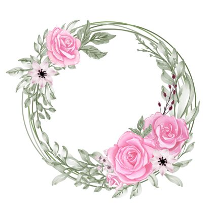开花浪漫的玫瑰粉色粉彩与绿叶水彩花环轮花环开花优雅