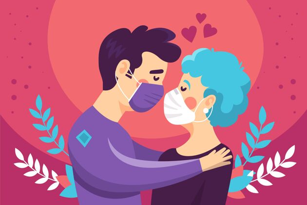冠状病毒手绘插图与夫妇接吻医疗面具爱情流行病关系
