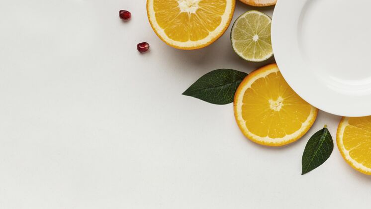健康平铺的柑橘板和复制空间小吃有益盘子