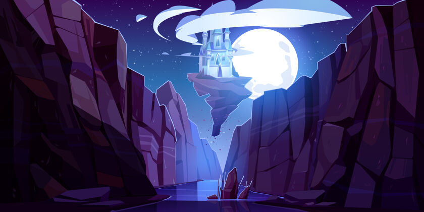 堡垒夜幕下飞舞的魔幻城堡俯瞰 仙宫漂浮在幽暗的夜空之上的一块岩石上的山峡黑暗天空月亮