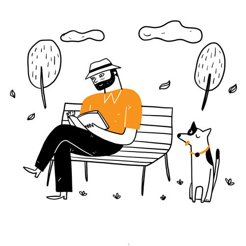 插图老人坐在公园的椅子上 带着他的狗悠闲地看书手绘矢量插图涂鸦风格休闲放松户外