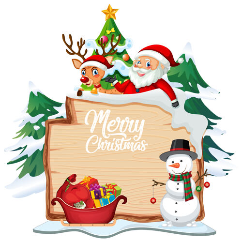 人物圣诞快乐字体标志与白色背景上的圣诞卡通人物木板标志文字鹿