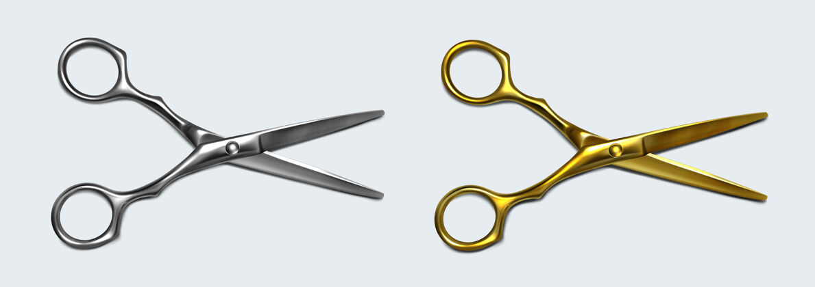 剪子银和金金属剪刀与开放刀片俯视图金属刀具开放