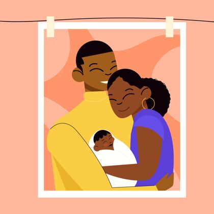 平面带宝宝的平面手绘黑色家庭插画非洲裔美国人手绘平面手绘