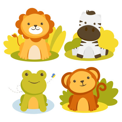 有趣集动物性格与狮子 斑马 青蛙和猴子贴纸脸森林