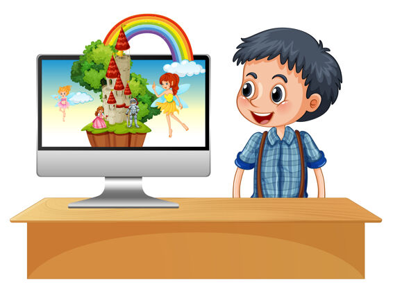 家具快乐男孩在电脑旁边 仙女在桌面屏幕上色彩想象彩虹