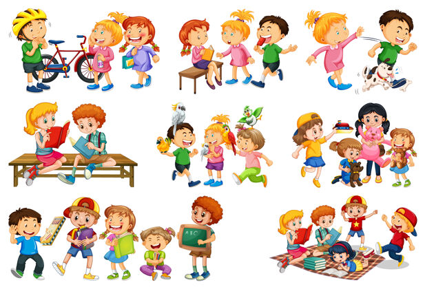快乐一组不同的孩子玩他们的玩具卡通人物隔离在白色背景上小教育伙伴
