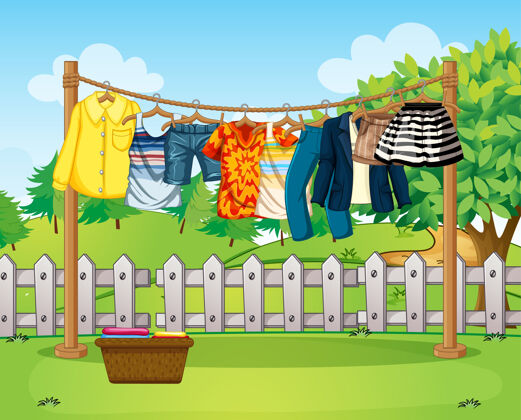 配件许多衣服挂在屋外的一条线现场温暖T恤家务