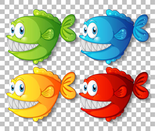 设置在透明的背景上设置不同颜色的异域鱼卡通人物可爱生活牙齿